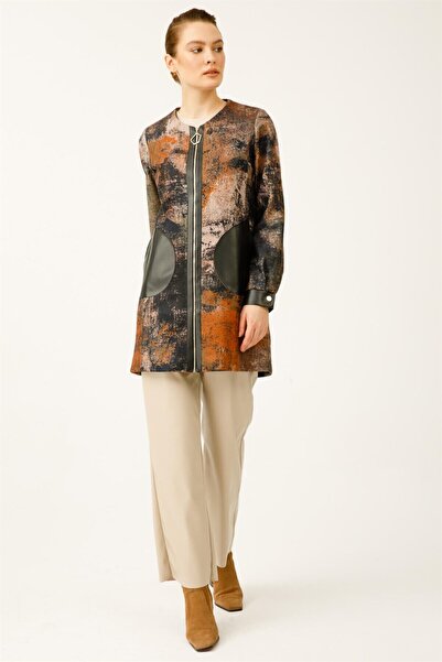 Esswaap Deri Cep Detaylı Fermuar Kapamalı Özel Baskılı Keçe Kaban Haki