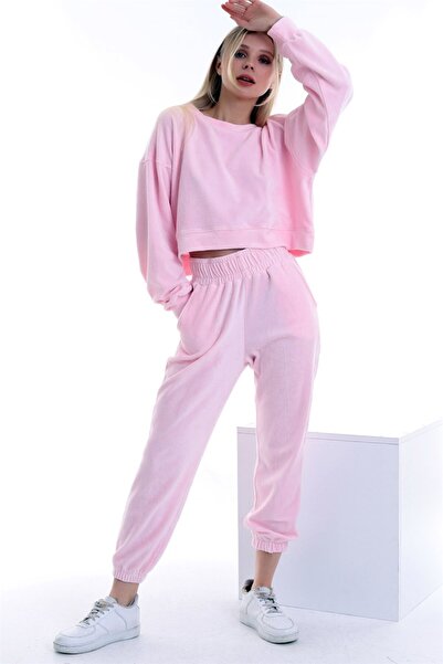 Dreamlike Kadife Yuvarlak Yaka Uzun Kollu Sweatshirt Cepli Bel Lastikli Panto...