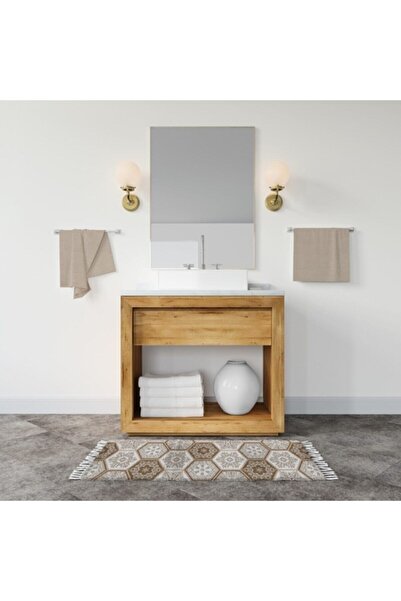 Tropikhome Banyo Paspası Mozaik Desenli Kahverengi Baskılı 50x80 Püsküllü Pol...