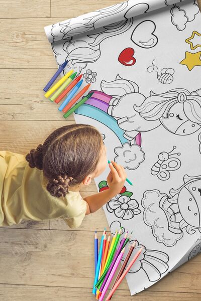 Enjoymydesign Unicorn Temalı Aktivite Boyama Kağıdı 2.5 Metre Rulo - Bebek Ve Çocuk Için Eğitici Aktivite Kağıdı