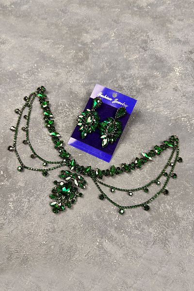 Hayalperest boncuk Green Ahu Model Fringed Bride and Henna Wedding Drop Earring Set