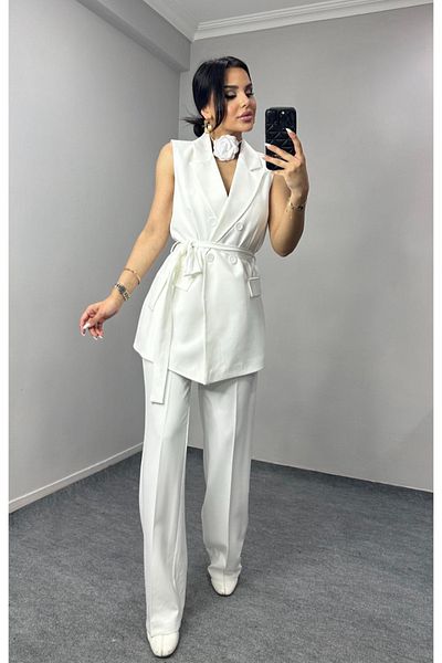 pembekurdelem Women's Belted Vest Trousers Set White