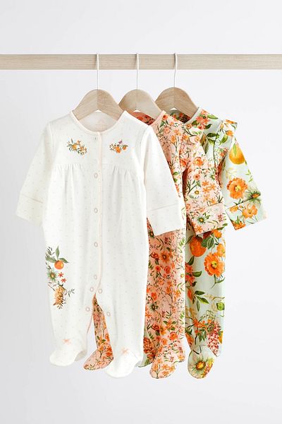 Next Baby 100% Cotton Peach Pink Floral Patterned 3-Piece Jumpsuit Set