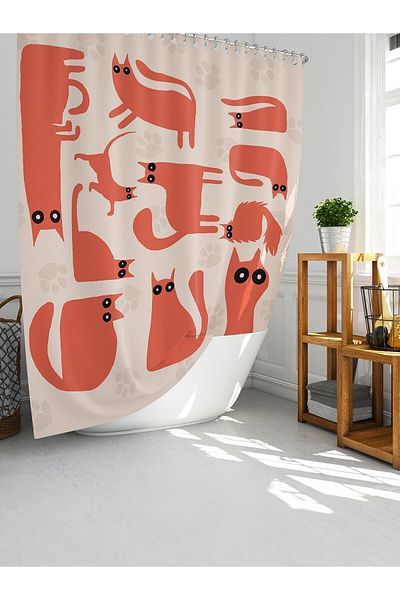 Tropikhome Red Cat Patterned Single Winged Bathroom Curtain - 180x200 Cm