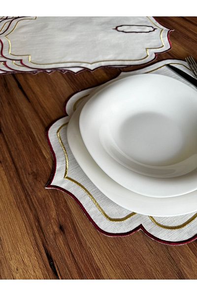 NURHAN HOME COLLECTION 6 Bucuri Claret Roșu-Auriu Farfurie de Servire Americană Brodate Duble Rânduri cu Suport pentru Linguri