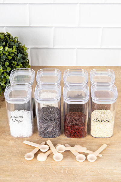 DNS HOME 8 Pack 300 ml Vacuum Jar with Lid, Acrylic Spice Jar with Spoon, Storage Container, Transparent Label and Gift