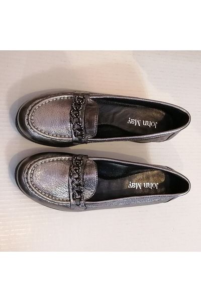 John May Women's Genuine Leather Bronze Chain Banded Rubber Non-Slip Sole Wedge Heeled Loafer