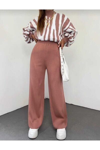 MaviMoure Γυναικείο χειμωνιάτικο άνετο πλεκτό παντελόνι με φαρδύ πόδι comfort ελαστική μέση