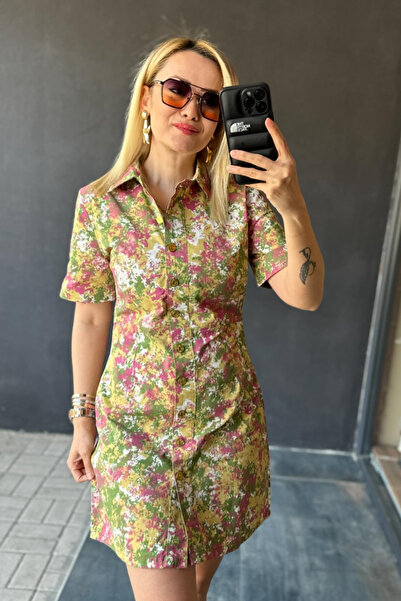 fehika Festive Dress Printed Front button Shirt Dress Cotton Gabardine Mini Dress