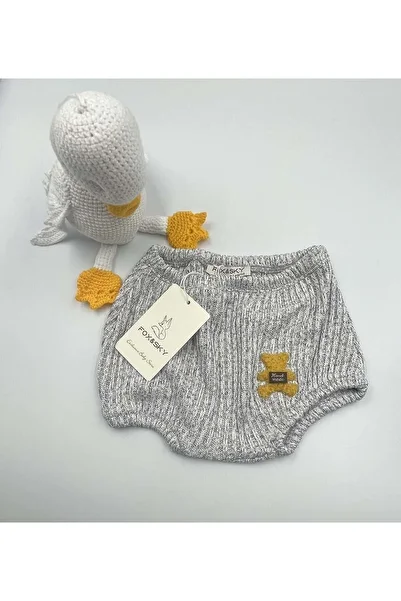 Fox&Sky Baby Gray Melted Balloon Shorts - With Teddy Bear Applique