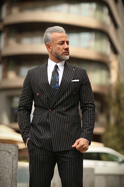 Fc Plus Siyah Çizgili Metal Düğmeli Erkek Kruvaze Takım Elbise - Slım Fıt