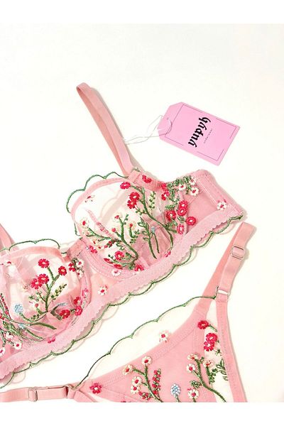 Yupyh İç Giyim Pink Floral Embroidered Embroidered Bra Set