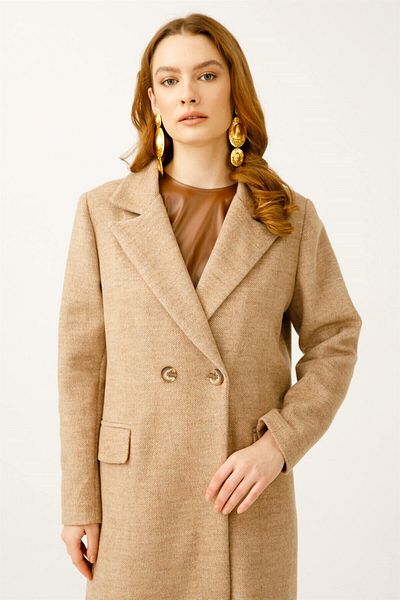 Esswaap Herringbone Wool Fabric Coat Camel