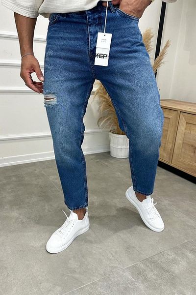MADZEYMODA Boyfriend Ανδρικό σκισμένο λεπτομερές μπλε τζιν παντελόνι