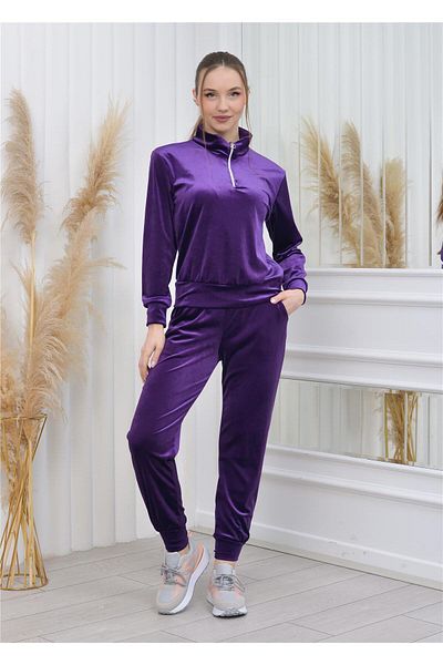 Nuseel Collared Half Zipper Velvet Set Purple Color
