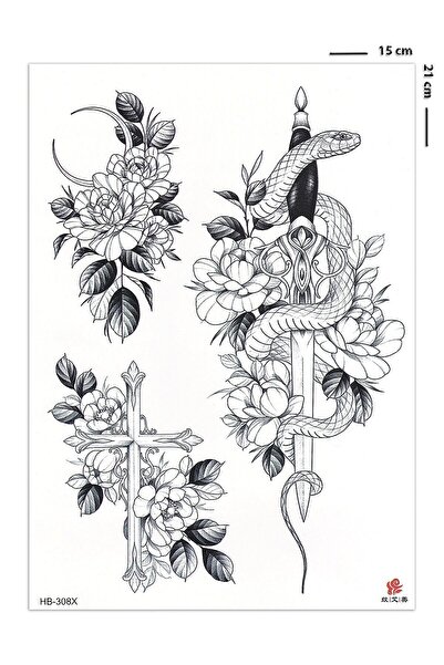 BP Tattoo Lance Yılan Kılıç Ve Çiçek Vücut Kol Bacak Geçici Dövme