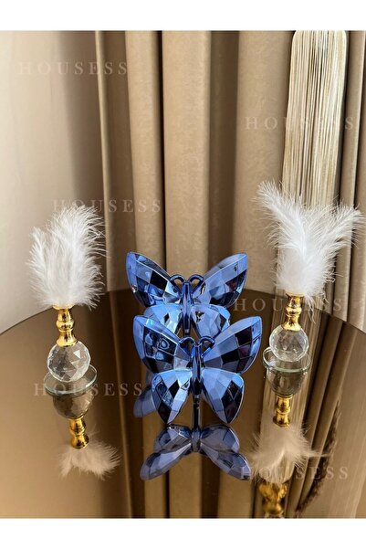 Housess Dekoratif Mavi Kelebek Ve 2 Adet Gold Tüylük Biblo Süs