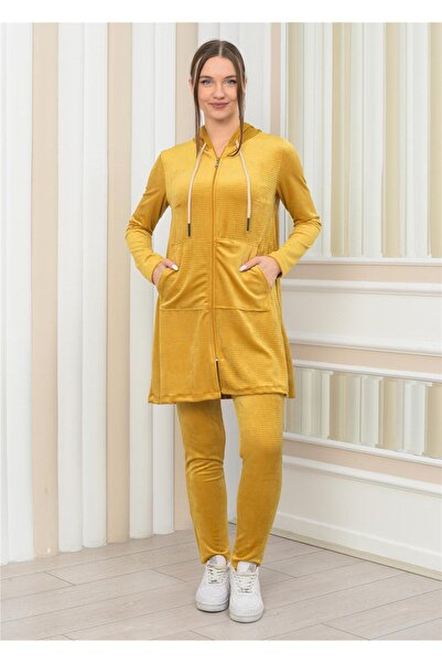 Nuseel Pantaloni tunică cu glugă și fermoar pentru femei Set din două piese M...
