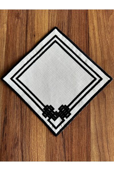 Nurhanhome 6 Pieces Labyrinth Patterned Square Cocktail Serving Napkin with Black Embroidery on Ecru Linen Fabric