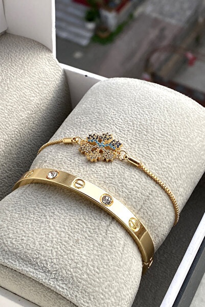 TAKIPORT Mavi Taşlı Asansörlü Kar Tanesi Bileklik Ve Gold Renk Kelepçe Konbini
