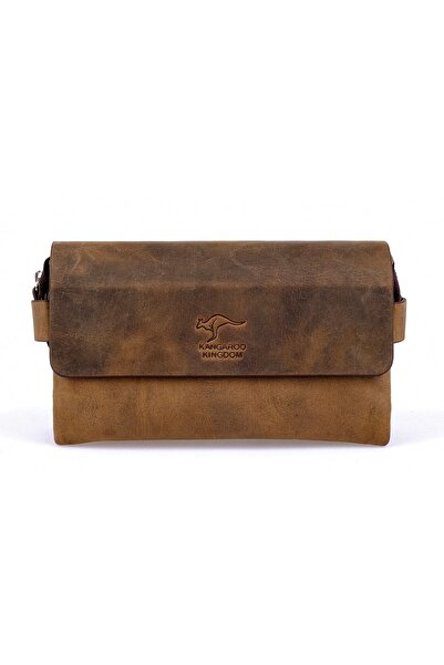 KANGAROO KINGDOM Erkek Portföy El Çantası Clutch Koyu Camel Hakiki Dana Deri ...