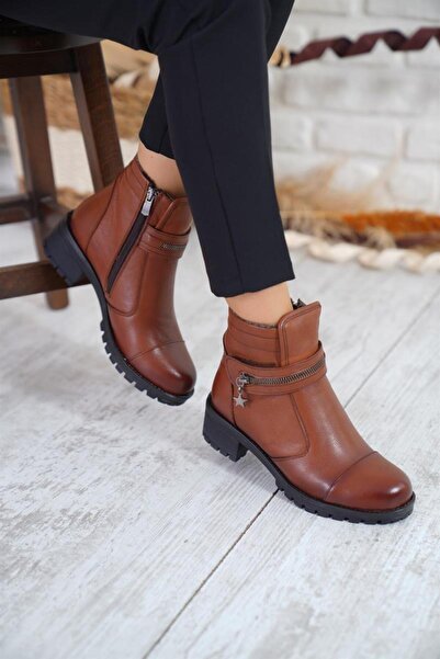Moda Pie Orbuh Fermuar Cırtlı Kadın Hakiki Deri Bot Taba Cilt