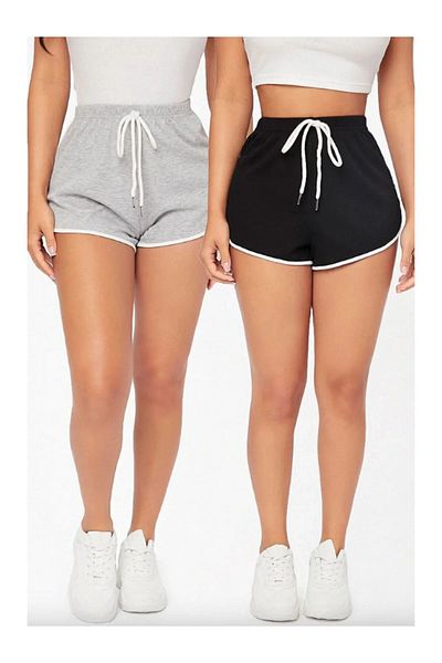 Viyalente Gray - Black 2-Piece Set Combed Cotton Slit Drawstring Mini Shorts