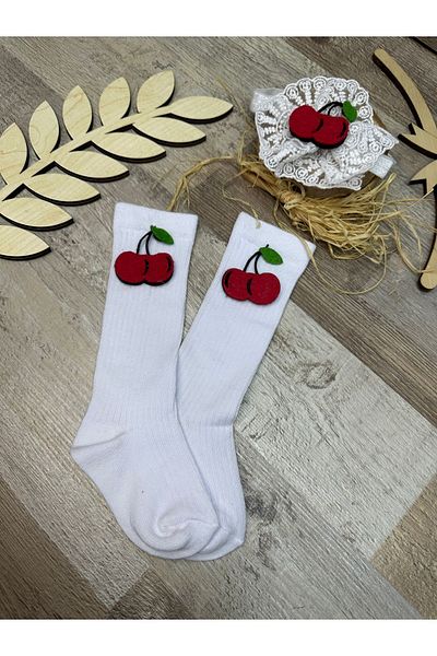 Feriatolye Cherry Figured White Lace Headband and White Cherry Concept Baby Girl Knee Socks
