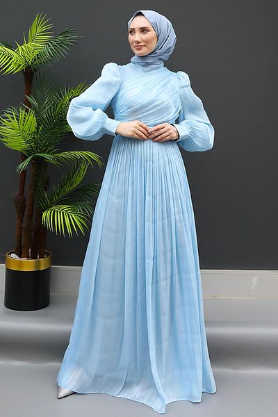 GİZ AGİYİM Baby Blue Silk Μουσουλμανικό Φόρεμα
