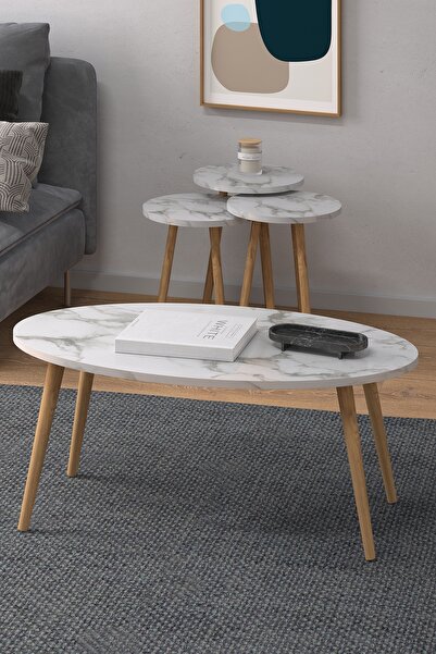 Monte Sehpa Elips Salon Seti- Efes Mermer Orta Sehpa Ve Zigon Sehpa