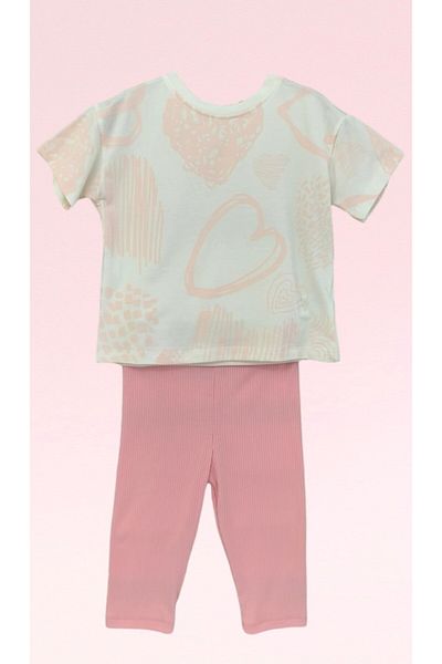 CİCHLİD Girl's Ecru Color Heart Patterned Short Sleeve Combed Cotton and Tights Set with Crew Neck