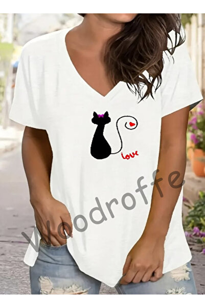 WOODROFFE Λευκό γυναικείο μπλουζάκι με στάμπα με λαιμόκοψη σε φαρδύ μέγεθος