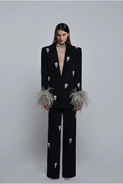 Genel Markalar Özel Tasarım Kolları Otriş Tüylü Taş Detaylı Siyah Ceket Panto...