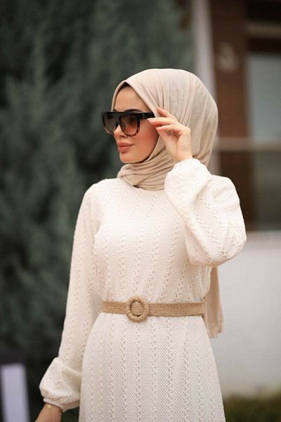 CNG MODA Women's Hijab White Lace Lined Straw Belt Dress