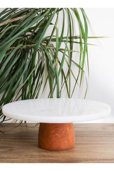 Gemboss Natural Marble 25 CM Cake Stand, Cake Stand with Wooden Legs, Marble Presentation Rack, Marble Cheese Plate