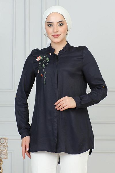 Modamihram Navy Blue Embroidery Detailed Tunic 6102
