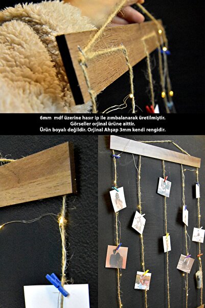 yhfoto Ipli Mandallı Işıklı Fotoğraf Askısı, Ledli Anı Duvarı, Ahşap Fotoğraf Çerçevesi 50x75