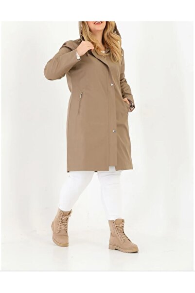 YASEŞA BUTİK ANNE KADIN GENÇ BÜYÜK BEDEN KUM RENGİ CEPLİ FERMUARLI ÇITÇITLI KAPŞONLU TRENÇKOT