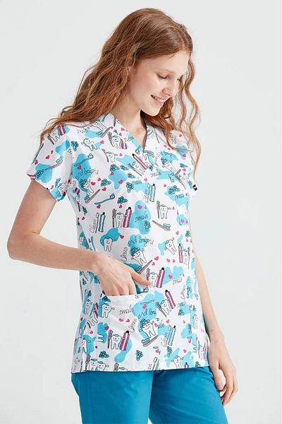 Moodamedikal معجون أسنان منقوش باللون الفيروزي من Doctor Jersey، قماش رقيق من تيريكوتون، قطع دكتور جرايز