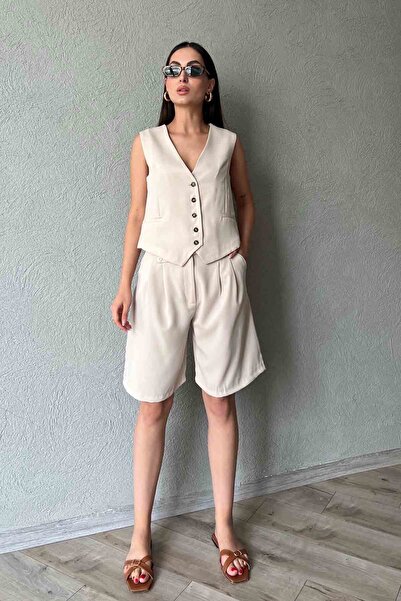 Seda Yalçın Atelier Beige Crepe Vest and Bermuda Shorts Set
