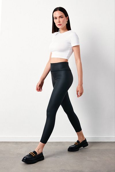 Sateen Leggings din piele cu talie înaltă - NEGRE