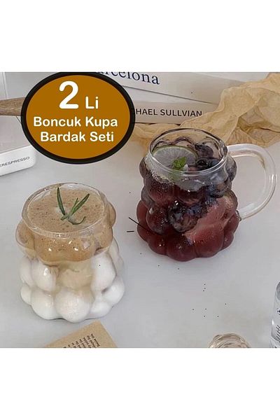 KÜÇÜK EW Set de 2 pahare în formă de sticlă cu mărgele cu mânere |   Cana de cafea si prezentare borosilicata