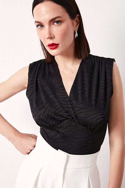 Sateen Bluză dublu piept din satin - model negru