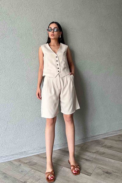 Seda Yalçın Atelier Beige Crepe Vest and Bermuda Shorts Set