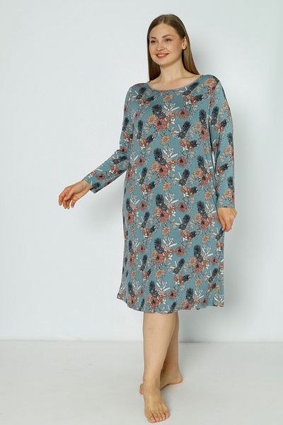 Lagertha by İntensive Plus Size Patterned Long Sleeve Lycra Viscose Nightgown