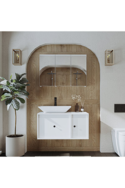 ROOMART Lavabolu Mat Mdf 90 Cm Çekmeceli Banyo Dolabı + Aynalı Üst Dolabı