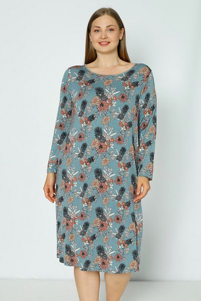 Lagertha by İntensive Plus Size Patterned Long Sleeve Lycra Viscose Nightgown
