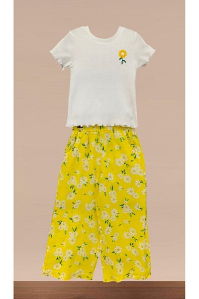CİCHLİD Girl's Floral Print Crew Neck Short Sleeve T-Shirt and Pocket Pants Set