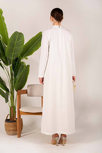 Melike Tatar Ecru Frilly Collar Crepe Dress 32-6064