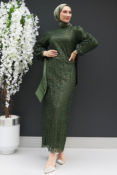 GİZ AGİYİM Khaki Pearl Hijab Evening Dress